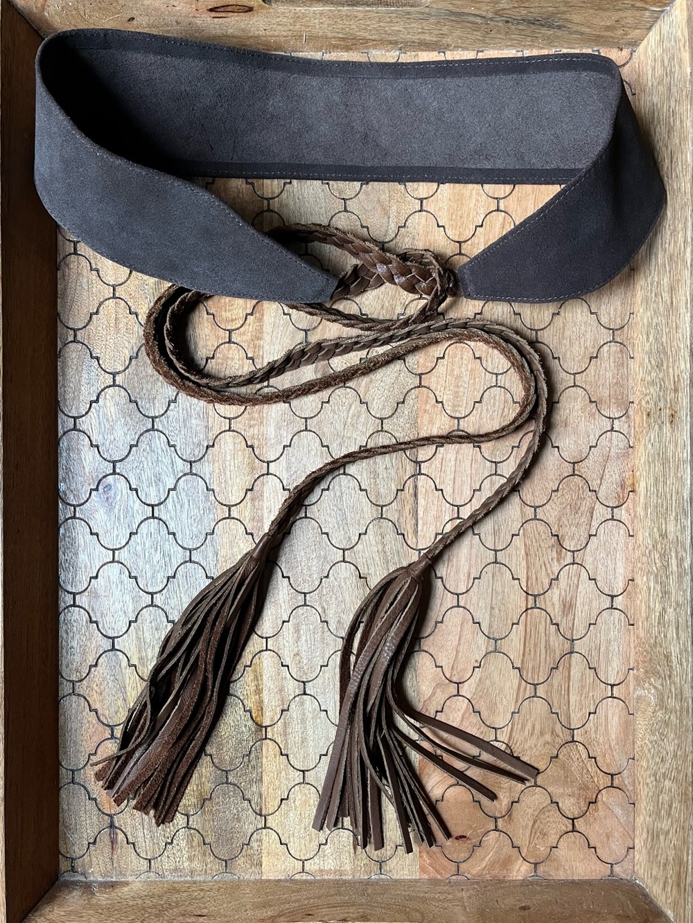 Source Unknown Brown Suede Braided Tassel Tie Belt